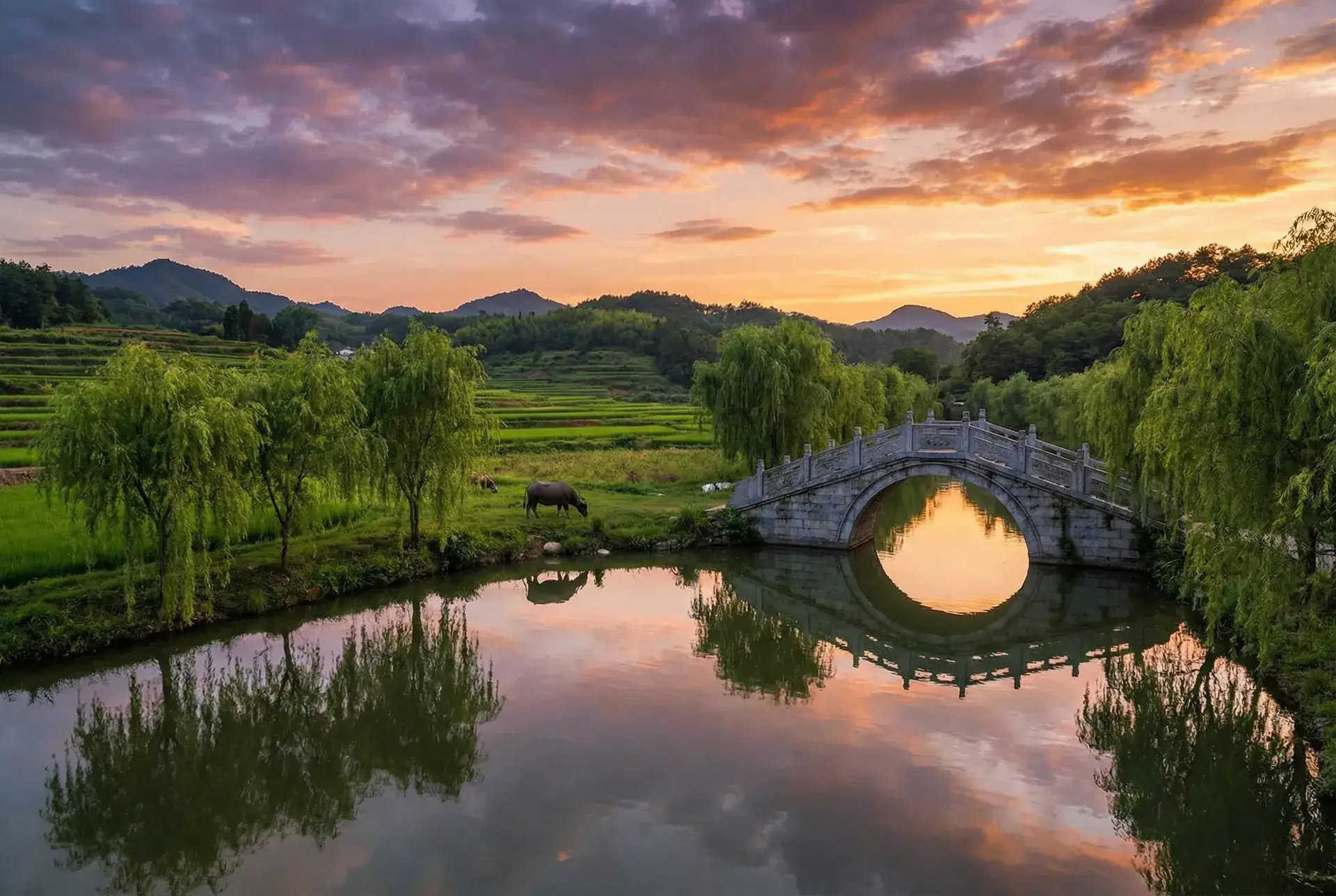 夕阳下的石拱桥与垂柳，水牛在河边吃草 - 成 人 片 免费播放 乡村美景